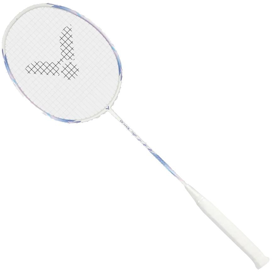 The Victor DriveX 7SP AJ 4U Badminton Racket by Victor features a white/purple design, slim shaft, and round head with a black "V" string pattern—offering versatility for players of all levels.