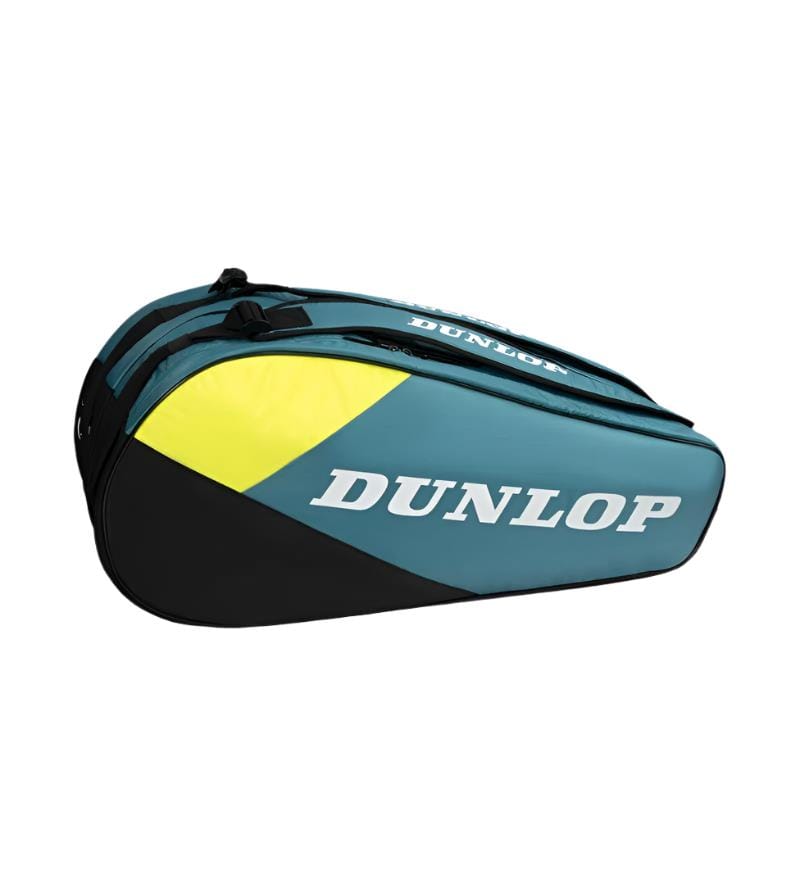 The Dunlop SX Club 10 Racket Badminton Bag in teal, black, and yellow prominently displays the "Dunlop" brand in white. This spacious bag features multiple compartments, zippers, and padded backpack straps for comfortable carrying.