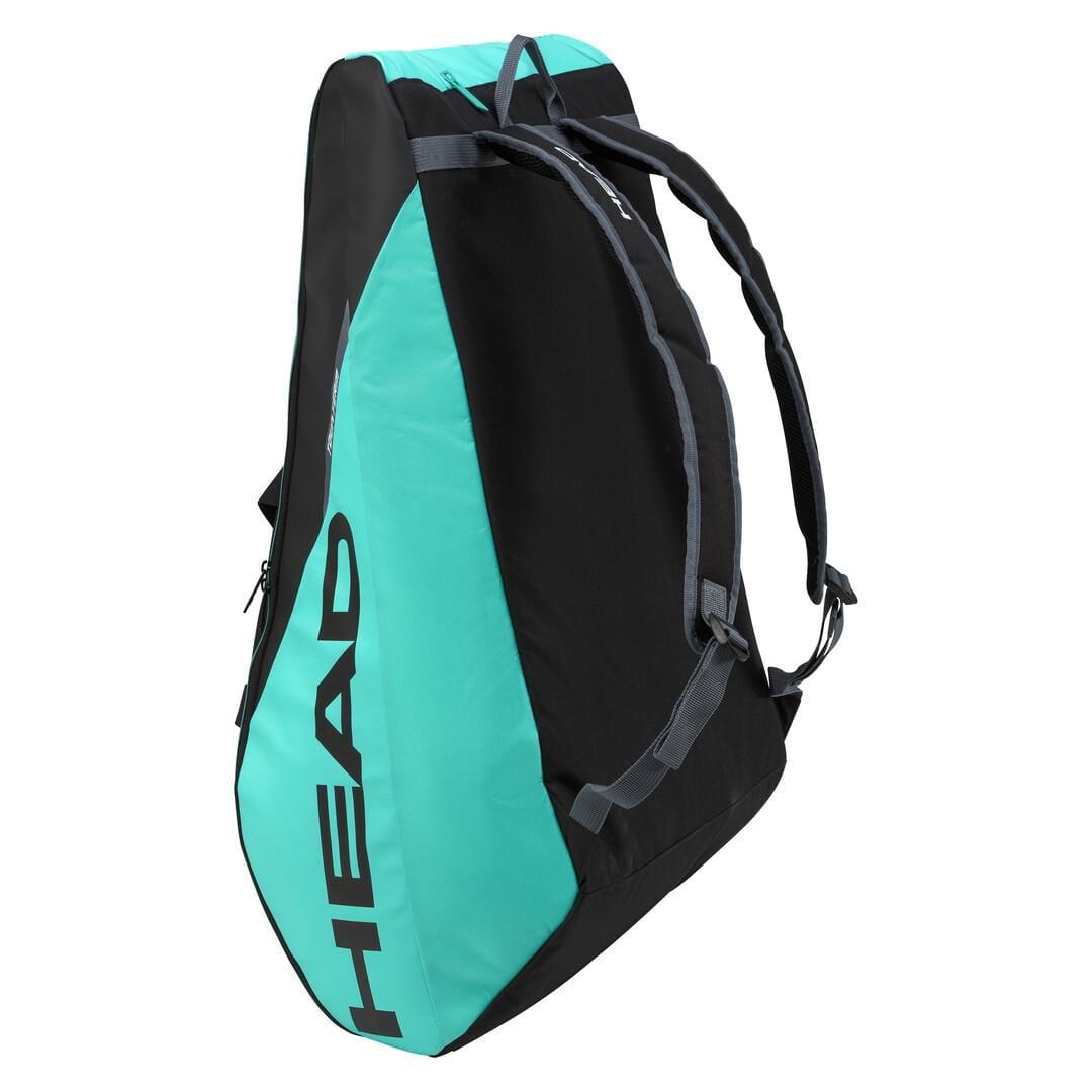 The HEAD Tour Team 12R Monstercombi badminton bag in black and mint features CCT+ climate control technology and showcases a sleek, angular design. With its teal accents, prominent "HEAD" branding, and adjustable shoulder straps, this bag is ideal for athletes on the go.