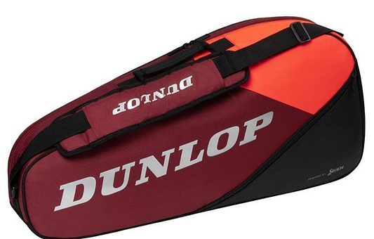 The Dunlop CX Performance 3 Badminton Racket Bag in a black and red color scheme is displayed. It includes an orange top section, the Dunlop logo in white letters on the side, and an adjustable shoulder strap for convenient carrying.