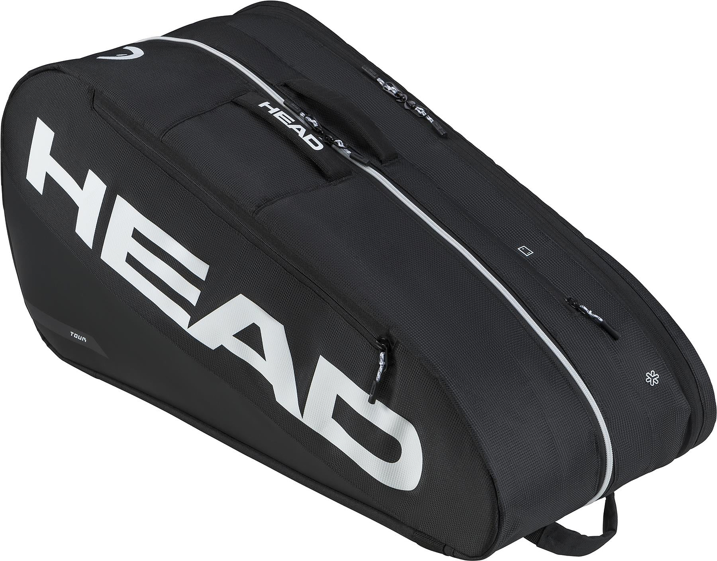 The HEAD Tour 9 Racket Badminton Bag L - Black features a white logo, large main compartment, CCT+ climate control, zipper closures, and a side handle—ideal for carrying and protecting your rackets and gear.