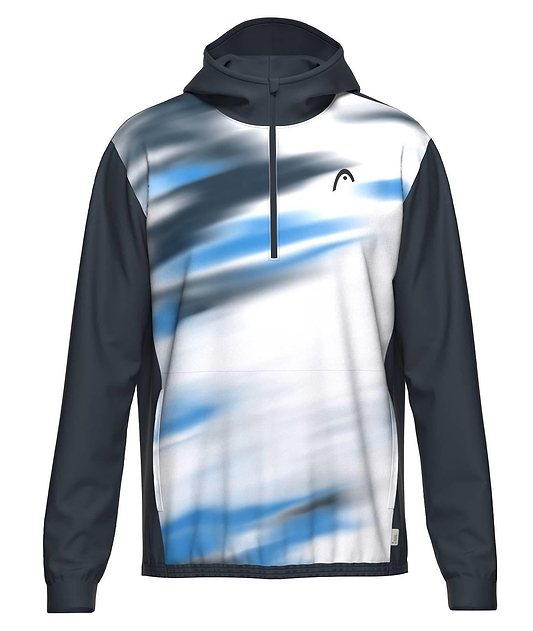 The HEAD Topspin Mens Badminton Hoodie - NVXU by HEAD features blue, white, and black abstract patterns on the front, dark sleeves and hood, a short zipper, moisture-wicking microfibre fabric, and a small left chest logo.