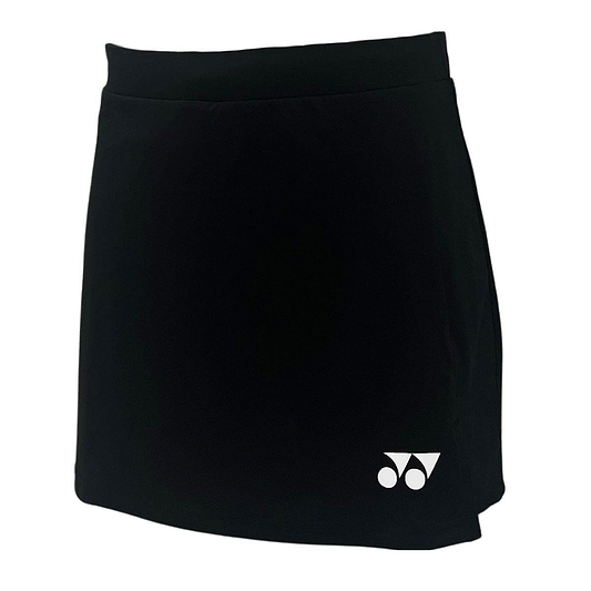 The Yonex YSKT2024 Women's Badminton Skirt/Skort in black boasts a sleek design with a subtle white logo at the bottom right, combining modern fit and moisture-wicking fabric for style and comfort on the court.