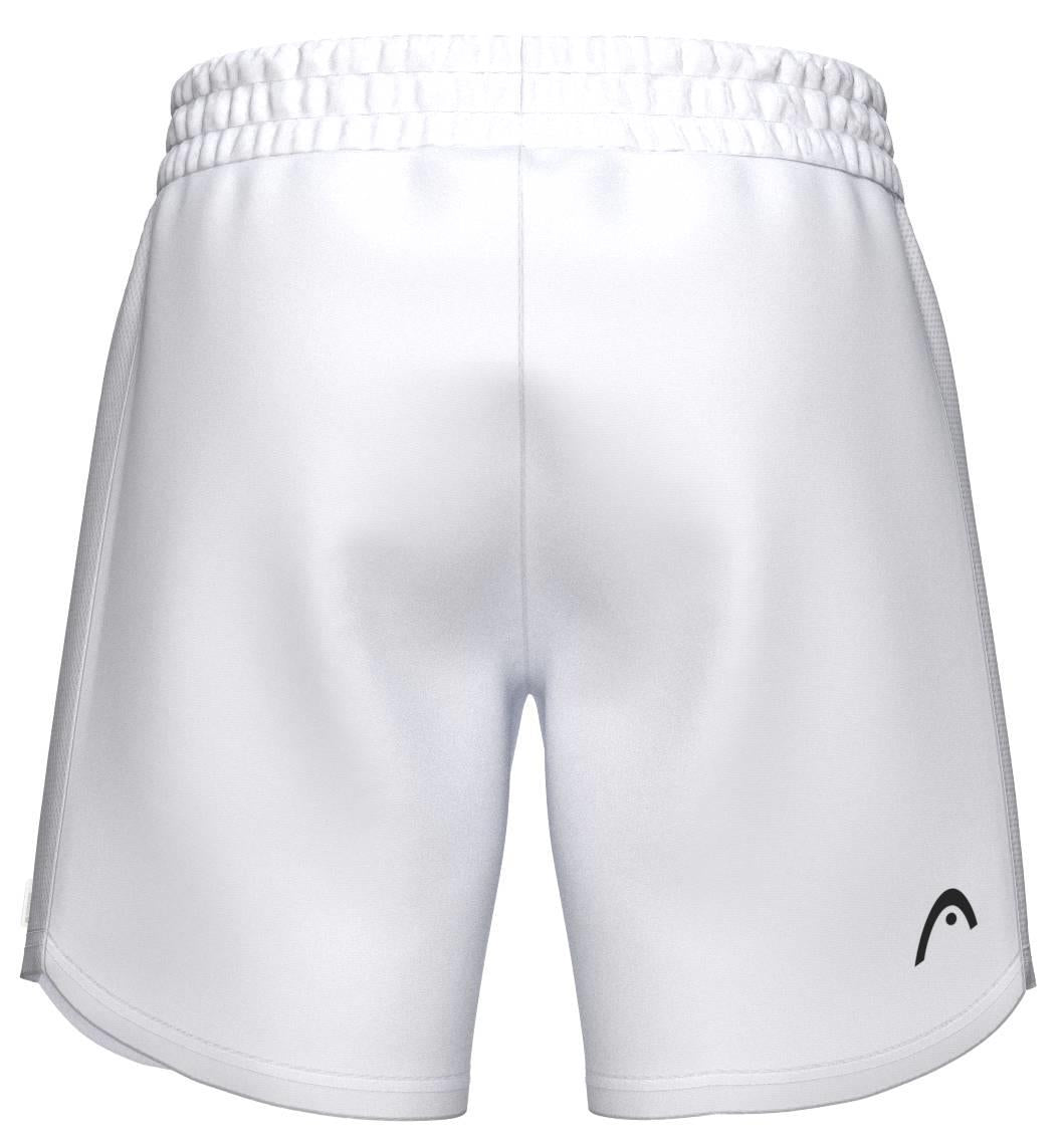 White HEAD Power Men's Badminton Shorts shown from the back, featuring an elastic waistband and a small black logo on the lower right leg—ideal for peak performance.