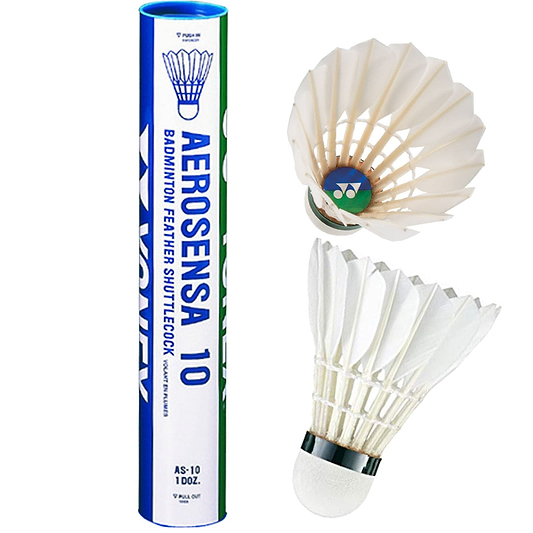 An image depicts a tube of Yonex Aerosena AS10 badminton feather shuttles, with two premium goose feather shuttlecocks: one shown sideways, the other from above with a green logo—ideal for enhancing your game.