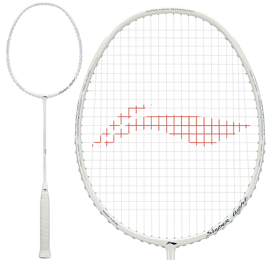 The Li-Ning Windstorm 79S 5U badminton racket in Pearl White features a red-patterned string with "Super Light Technology" and wave design. The white-taped grip makes it ideal for those seeking a lightweight racket experience.