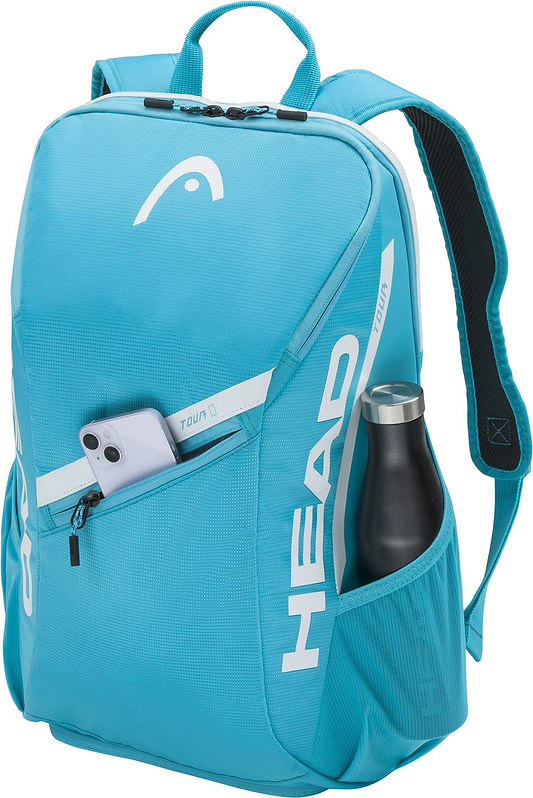The HEAD Tour 25L Badminton Backpack - Blue features black and white accents, a front zipper pocket for your smartphone, a side mesh pocket for a stainless steel water bottle, and padded shoulder straps for comfort.