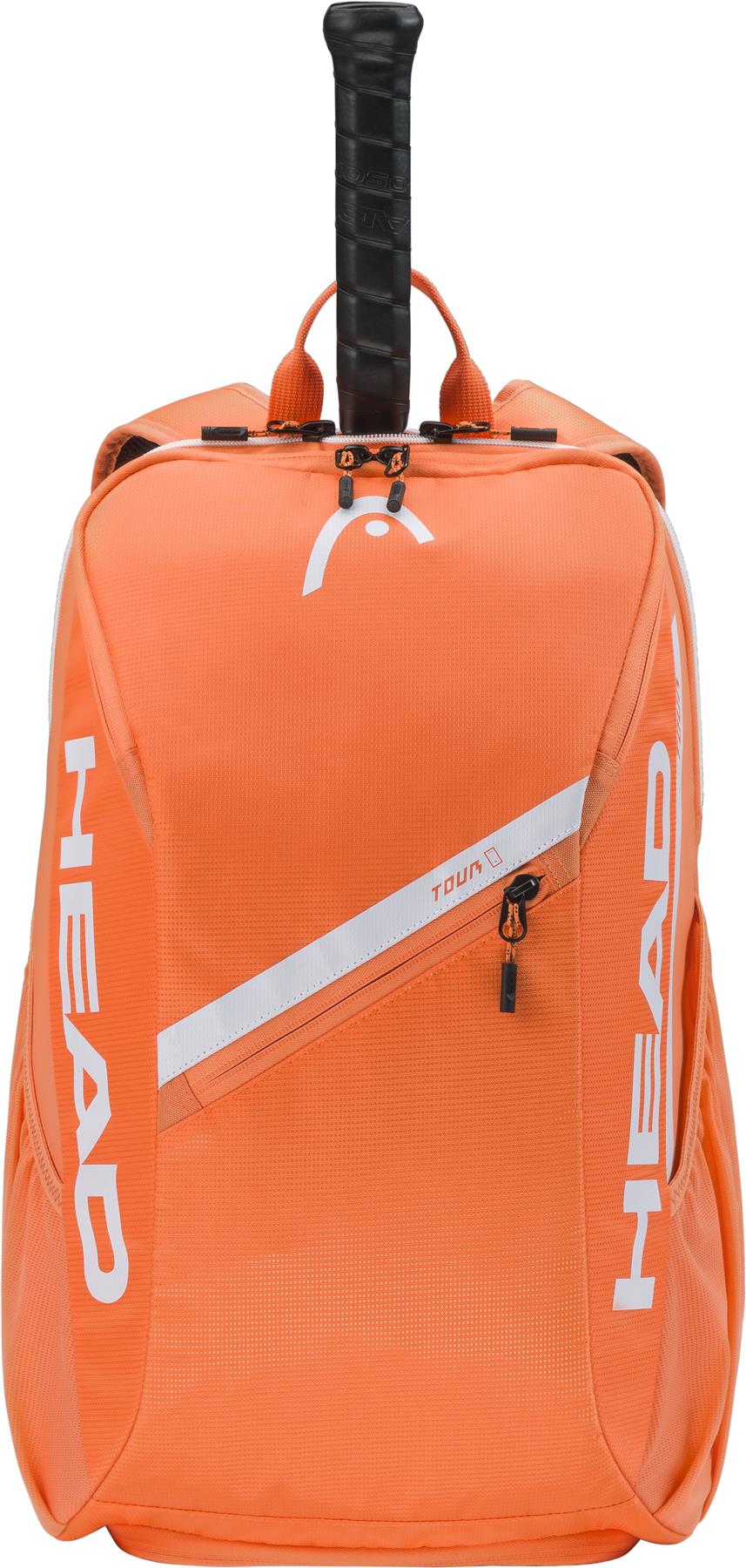 The HEAD Tour 25L Badminton Backpack in orange features a visible racket handle, white HEAD branding, and a diagonal front zipper pocket—ideal as a badminton backpack or racket bag.