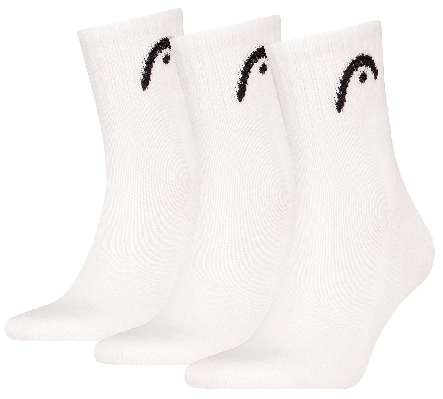 The HEAD Club Short Crew Badminton Socks - White (3 Pack) feature a small black curve design near the top, cushioned soles, and are displayed upright side by side against a white background.