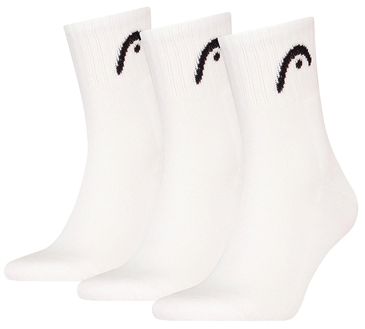 The HEAD Club Short Crew Badminton Socks - White (3 Pack) feature a small black curve design near the top, cushioned soles, and are displayed upright side by side against a white background.