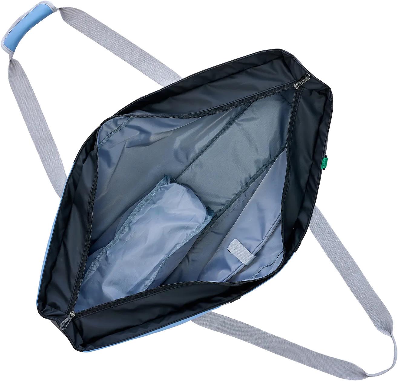 The Yonex BA52531EX Club Tournament Badminton Bag - Black/Blue features a light gray strap, dark interior lining, spacious main compartment, and foldable pouch, shown open from above on a white background.