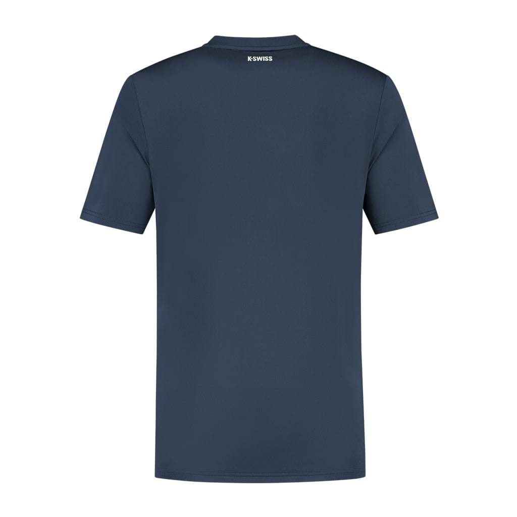 The K-Swiss Hypercourt Basic Crew Men's Badminton T-Shirt in Peacoat delivers a sleek appearance with its short sleeves and crew neckline. A subtle "K-SWISS" logo is elegantly placed on the upper center back, enhancing its classic style.