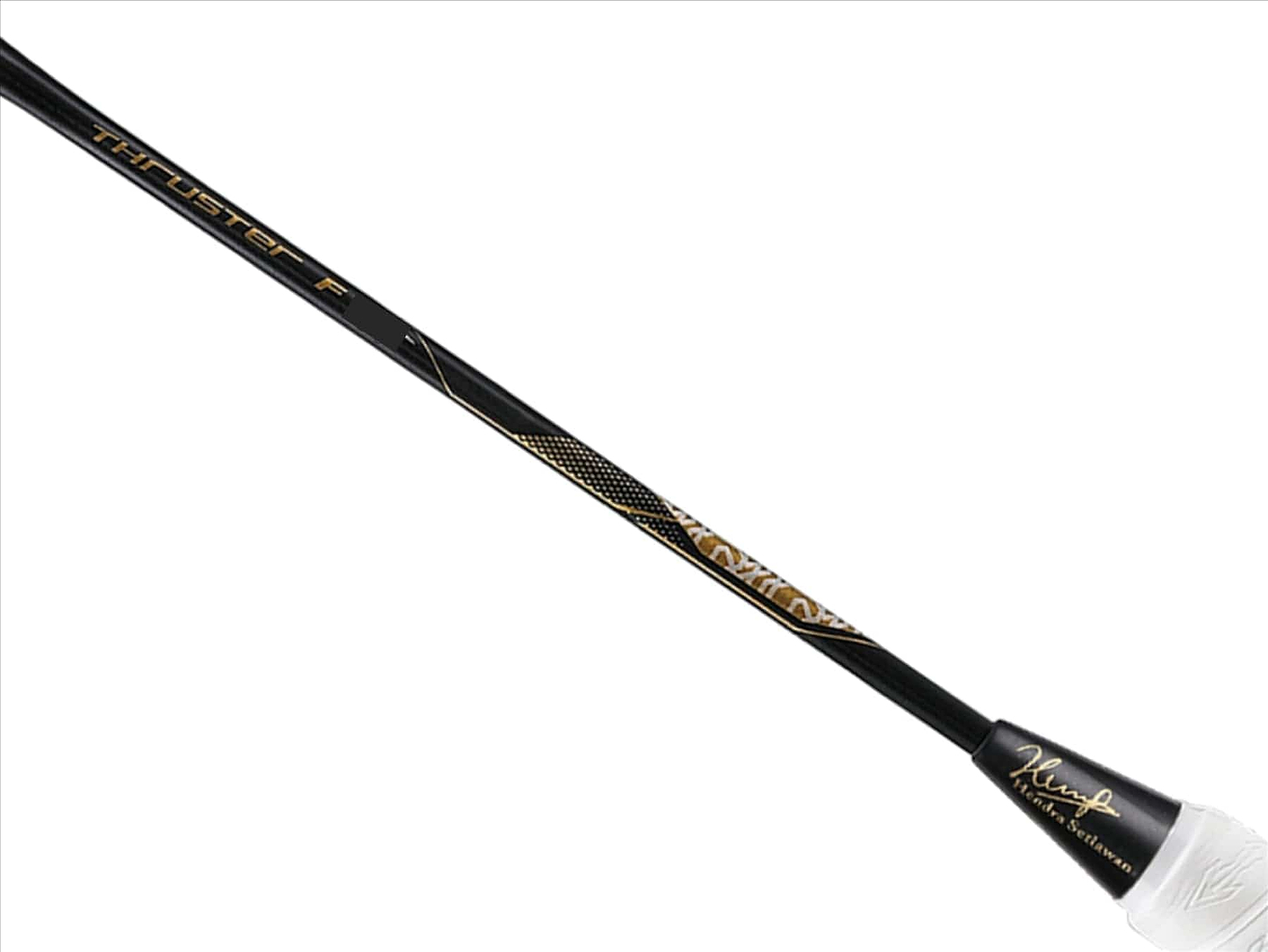 The Victor Thruster FC Hendra Setiawan LTD Edition 3U Badminton Racket in black and gold showcases a wrap grip handle. This advanced-level racket is signed by the esteemed Hendra Setiawan, making it an excellent choice for dedicated players.
