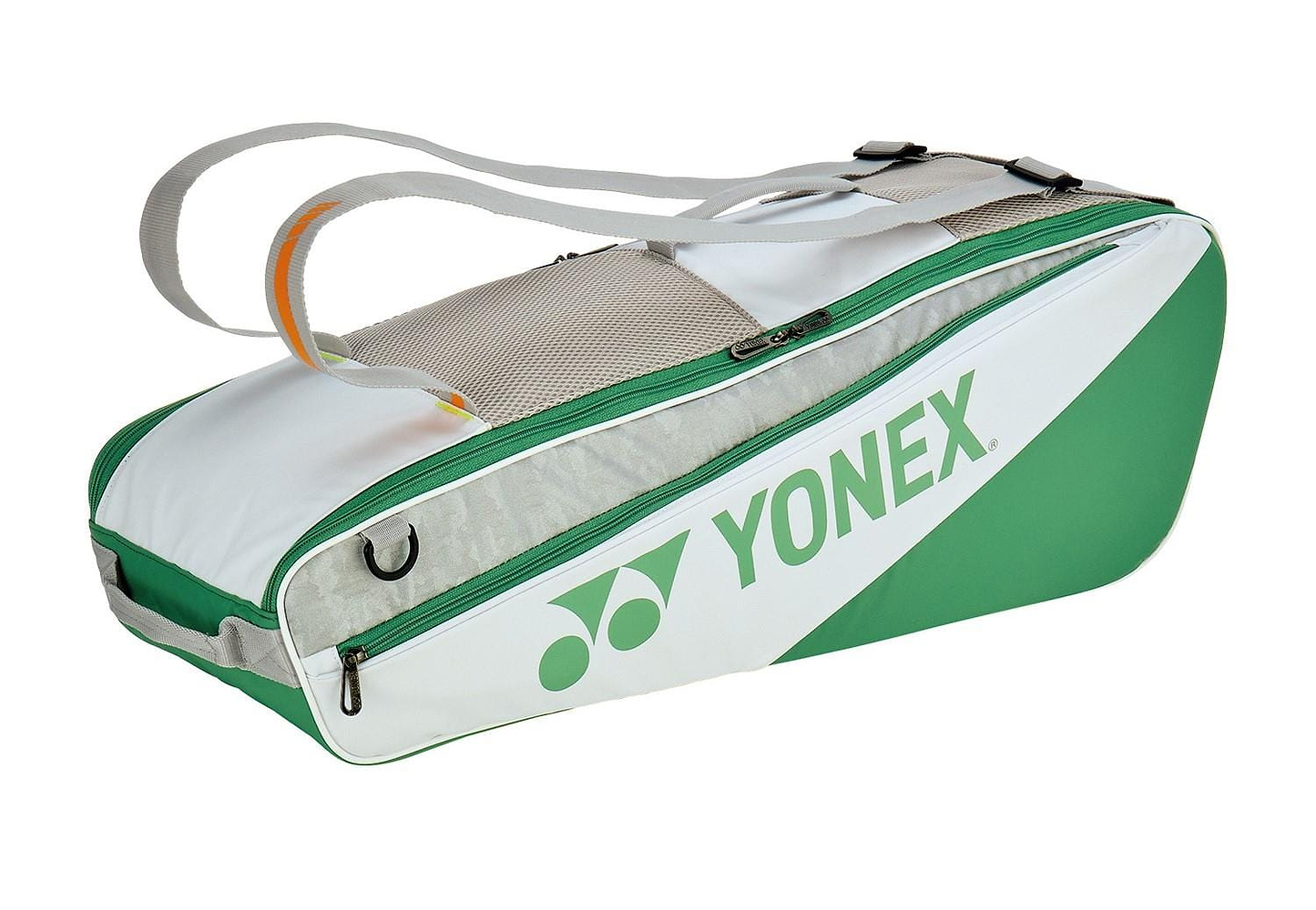 The Yonex 52526EX Club 6 Racket Badminton Bag in white boasts a spacious compartment and a comfy shoulder strap, ideal for carrying your badminton or tennis rackets. The Yonex logo is prominently displayed, highlighting its sporty elegance.
