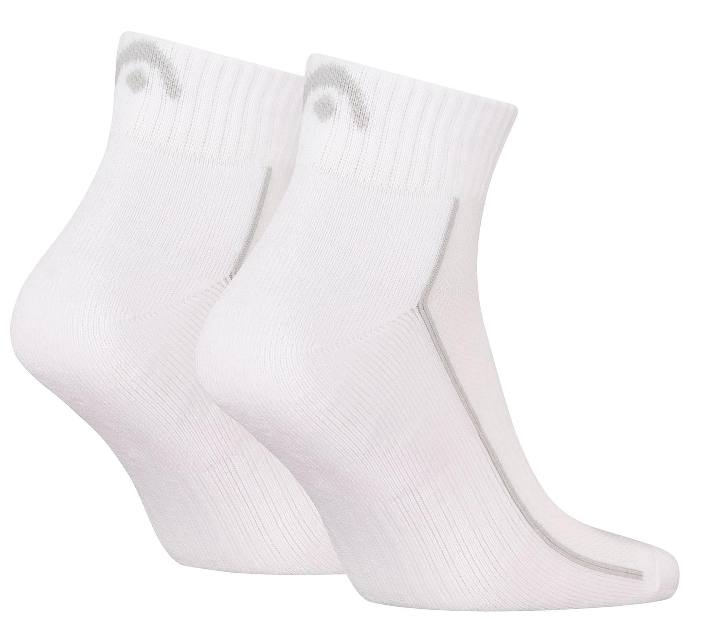 HEAD Performance Quarter Badminton Socks - White (2 Pack) by HEAD, featuring cushioned soles and a subtle gray design near the cuff, are displayed side by side on a white background.