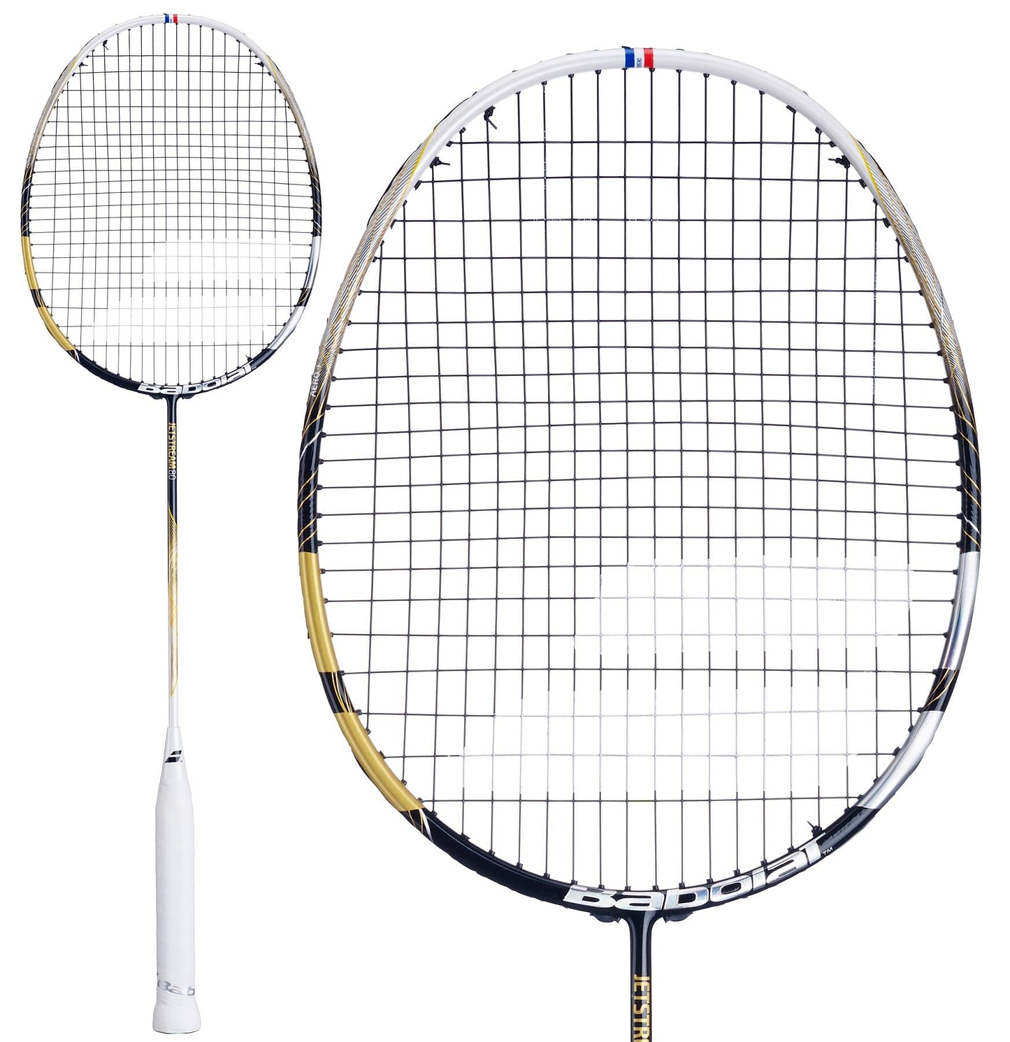 The Babolat Jetstream 80 4U badminton rackets feature a white grip and a gold, black, and white frame. One racket is fully visible, highlighting its precision with tightly woven strings, while the other subtly showcases its impressive manoeuvrability from the side.