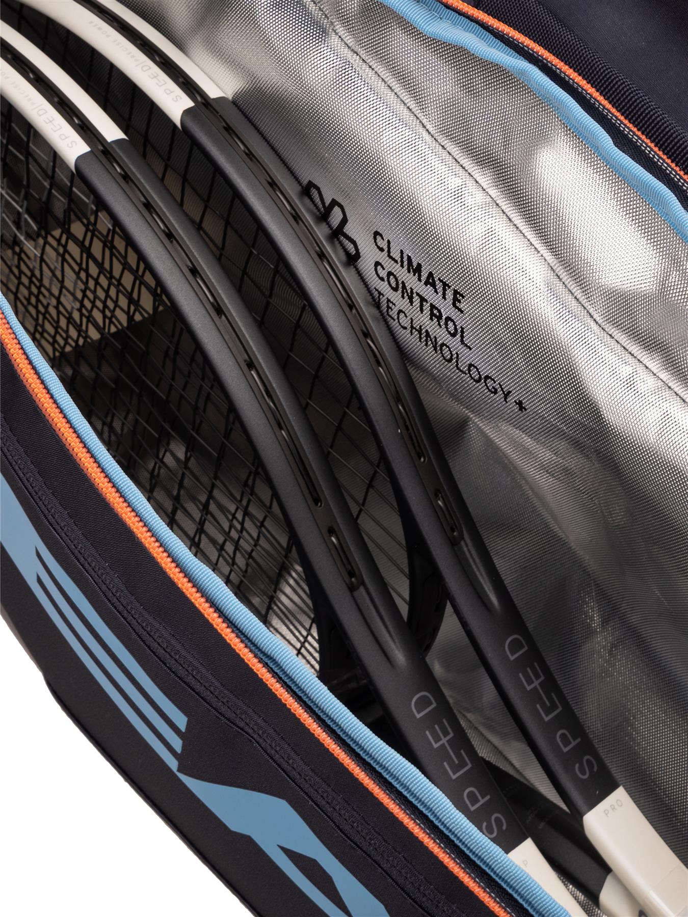 Close-up of a HEAD Pro 9 Racket Badminton Bag L - Navy with three black racquets inside, featuring “SPEED” branding and CCT+ lining for performance and protection, just like those used by top athletes.
