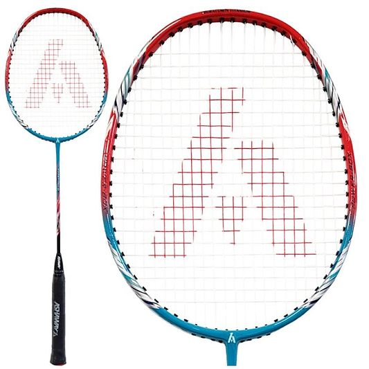 Introducing the Ashaway AM 9SQ Badminton Racket, crafted by Ashaway with a carbon shaft and finished with a sleek black handle. The frame showcases an eye-catching combination of red and turquoise. The strings prominently feature a large red "A" logo. Displayed in two views, full and close-up of the head, this design boosts power, control, and precision on the court.