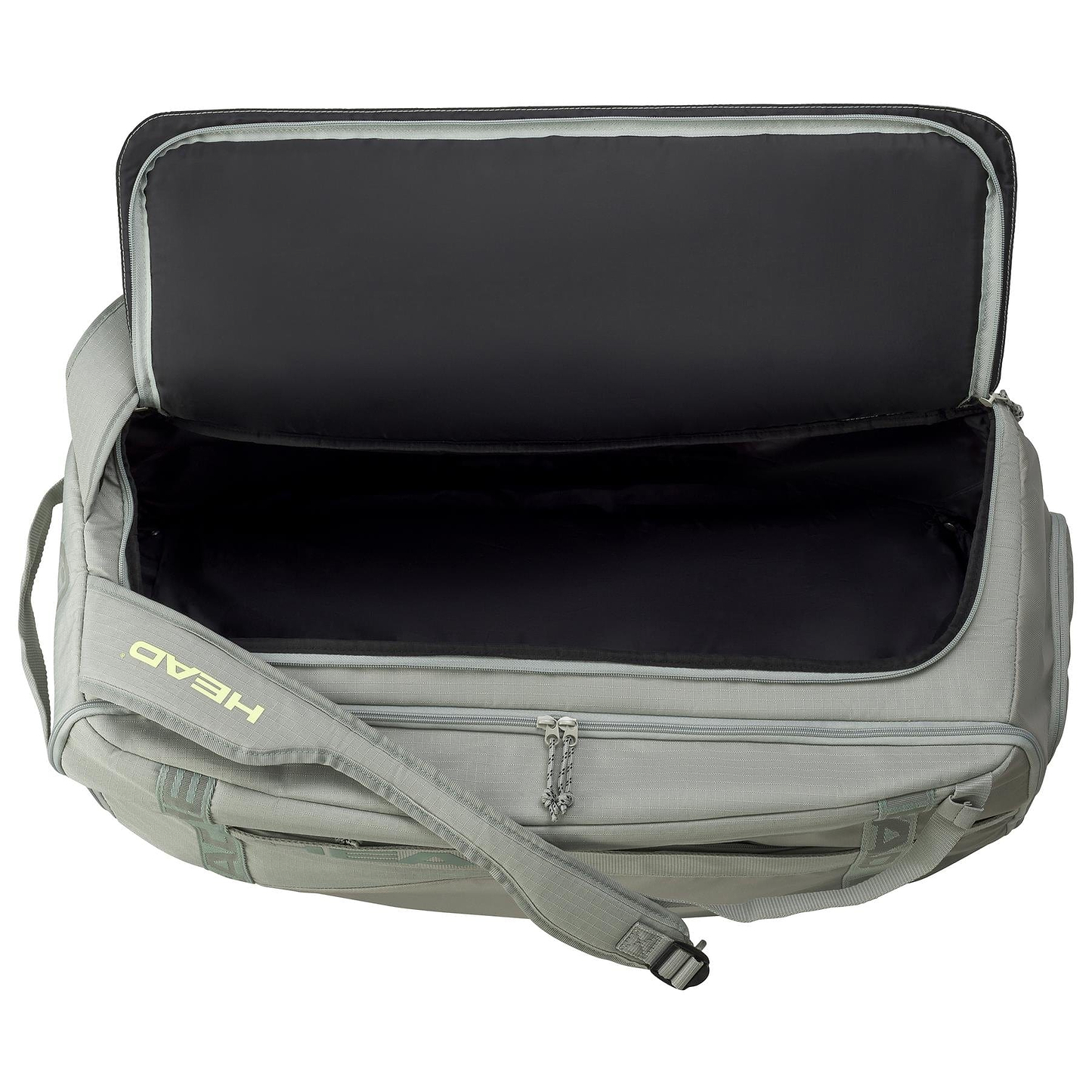 An open HEAD Pro Badminton Duffle Bag L LNLL is displayed, showcasing a gray exterior and a black interior. The bag includes a shoulder strap branded with "HEAD" in light green. With the top flap completely open, it reveals ample compartments inside to accommodate all your gear.