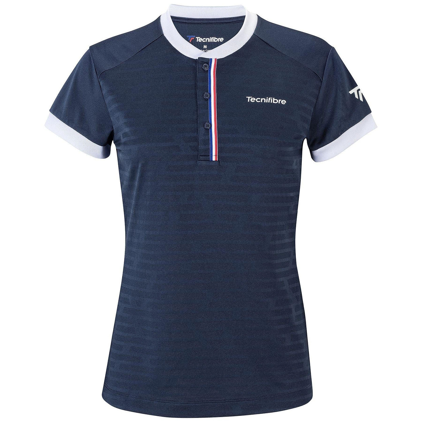 This Tecnifibre Women's F3 Polo Shirt, crafted from performance polyester, is presented in marine blue with white accents on the sleeves and collar. A button-up front is highlighted with striking tricolour detailing of red, white, and blue stripes, and the iconic Tecnifibre logo can be found adorning both the chest and sleeve.