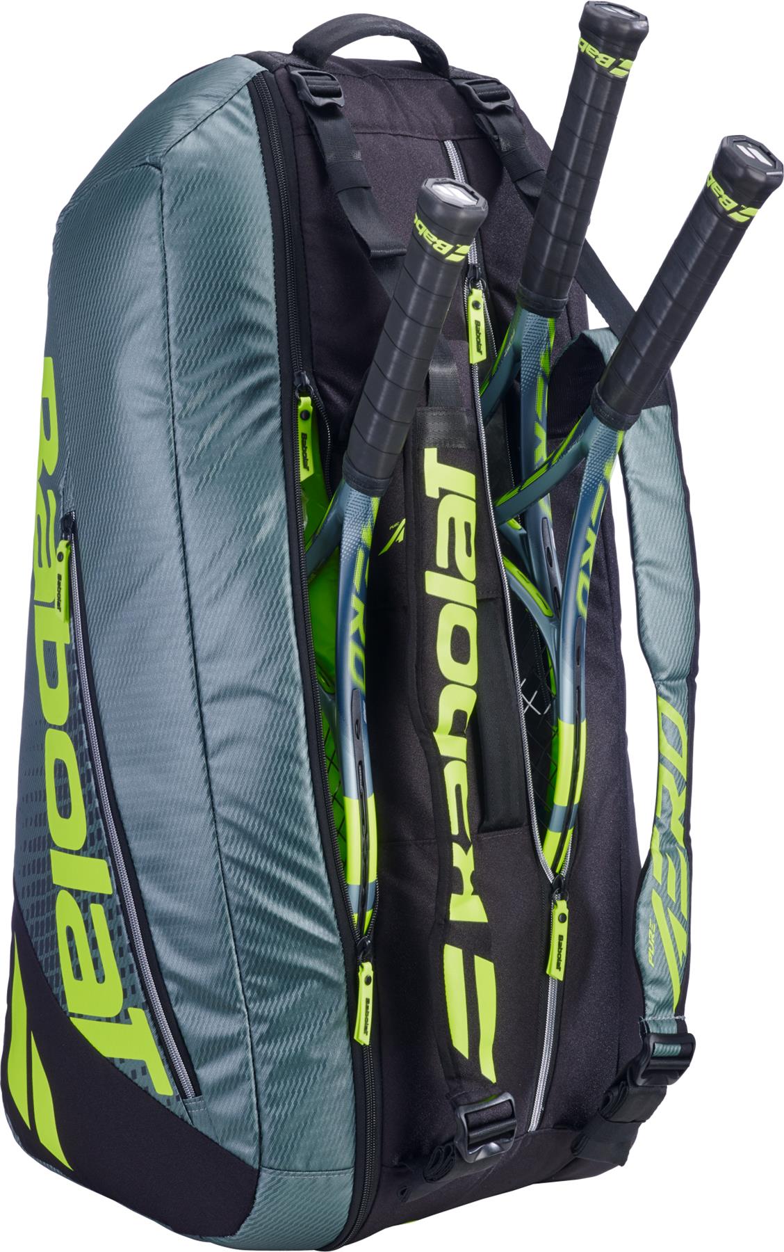 A large grey and yellow Babolat RH6 Pure Aero 6 Racket Badminton Bag by Babolat holds six rackets, shown with three partially visible in the outer zippered compartments.