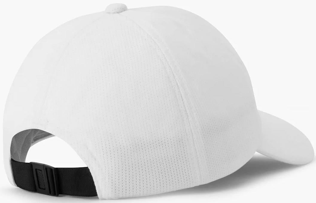 The Yonex 40125EX Badminton Cap - White features a plain design, black adjustable strap, and curved brim; lightweight and breathable for comfort and style on or off the court.