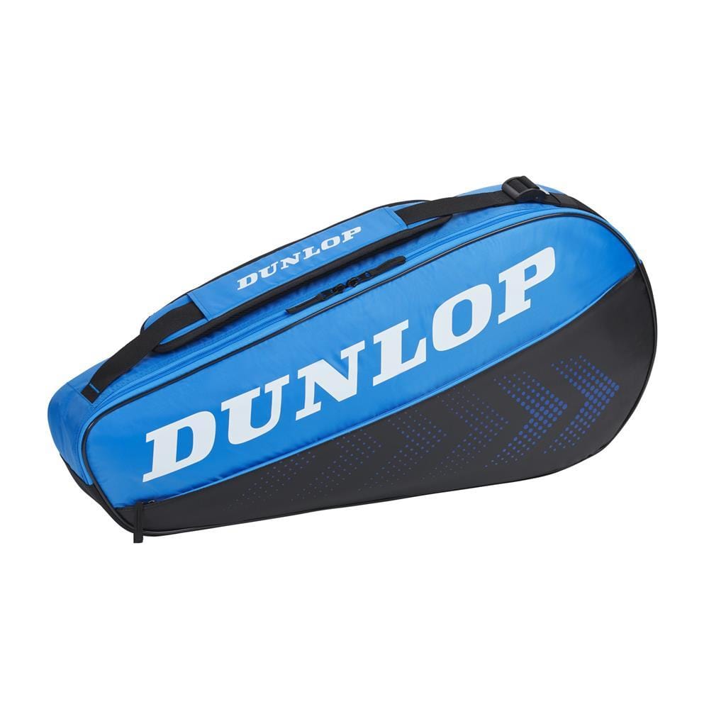 Dunlop FX Club 3 Racket Badminton Bag in black and blue, featuring two compartments, a top carry handle, and a shoulder strap. The "DUNLOP" logo is prominently displayed in white on both the side and top of the bag.