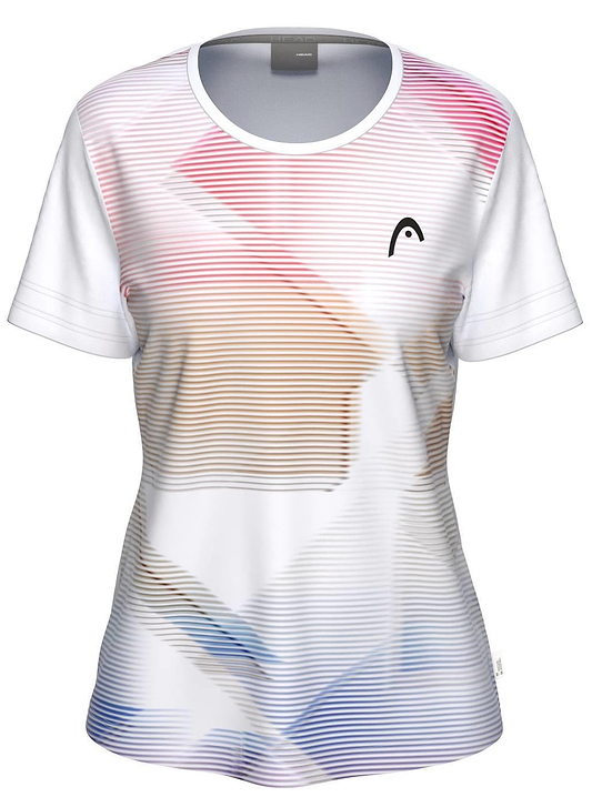The HEAD Tie-Break II Women’s Badminton T-Shirt - LBXW is a short-sleeve white top with thin pink, blue, and tan stripes. It features moisture-wicking fabric, a black logo on the left chest, a round neckline, and an abstract modern design.