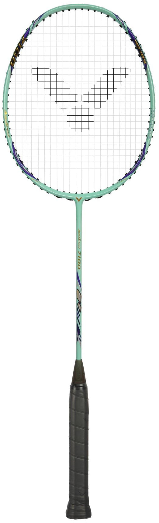 The Victor Auraspeed 7100 4U Badminton Racket in teal features a black grip, logo design on the strings, and is crafted from high resilience graphite. Shown on a white background.