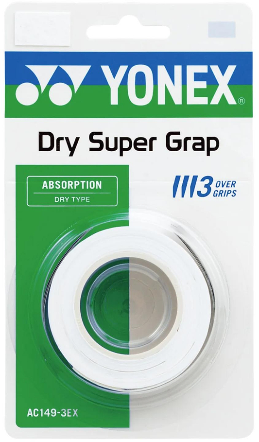 The Yonex AC149-3EX Dry Super Grap Badminton Overgrip (3 Pack) - White is shown coiled inside packaging with a clear plastic window, featuring Yonex’s green and white branding and racket grip information on the front.