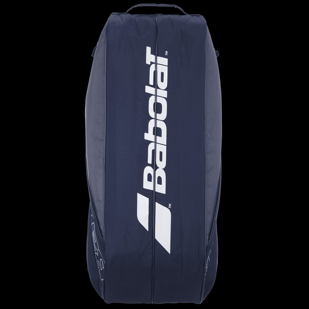 A grey and blue Babolat Evo Court L Racket Bag, crafted from recycled PET, featuring white branding on a black backdrop. This eco-friendly bag is displayed upright, highlighting its sleek design.