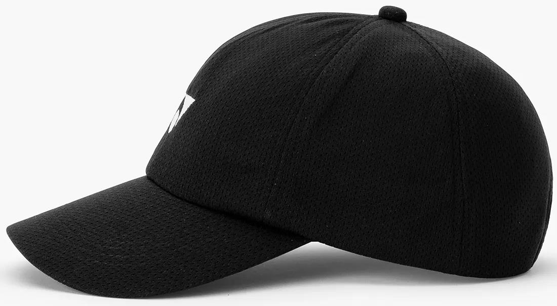 The Yonex 40125EX Badminton Cap in black features a curved brim and lightweight, breathable textured fabric. An adjustable fit and a subtle white design on the front complete this stylish Yonex accessory.