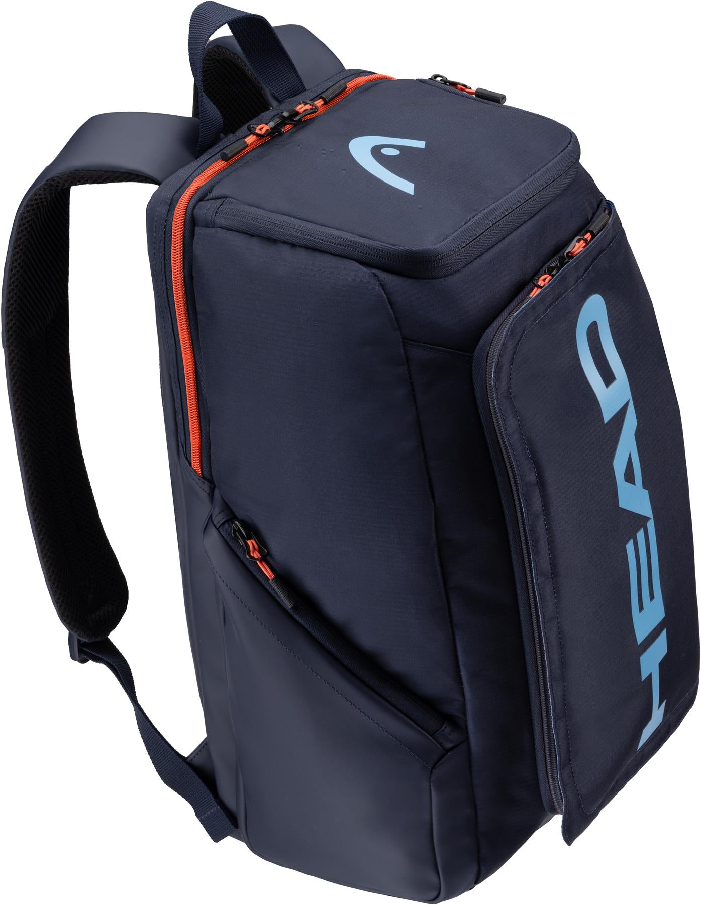 The HEAD Pro 28L Badminton Backpack - Navy features padded shoulder straps, multiple zippered compartments including a racket compartment with orange accents, and the blue HEAD logo on the front pocket.