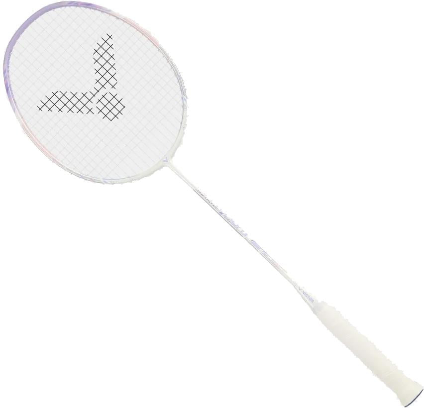 The Victor Thruster K 66 AJ 7U Badminton Racket by Victor features a white and purple design with a slim shaft, photographed on a plain white background. This lightweight racket offers excellent control and speed.