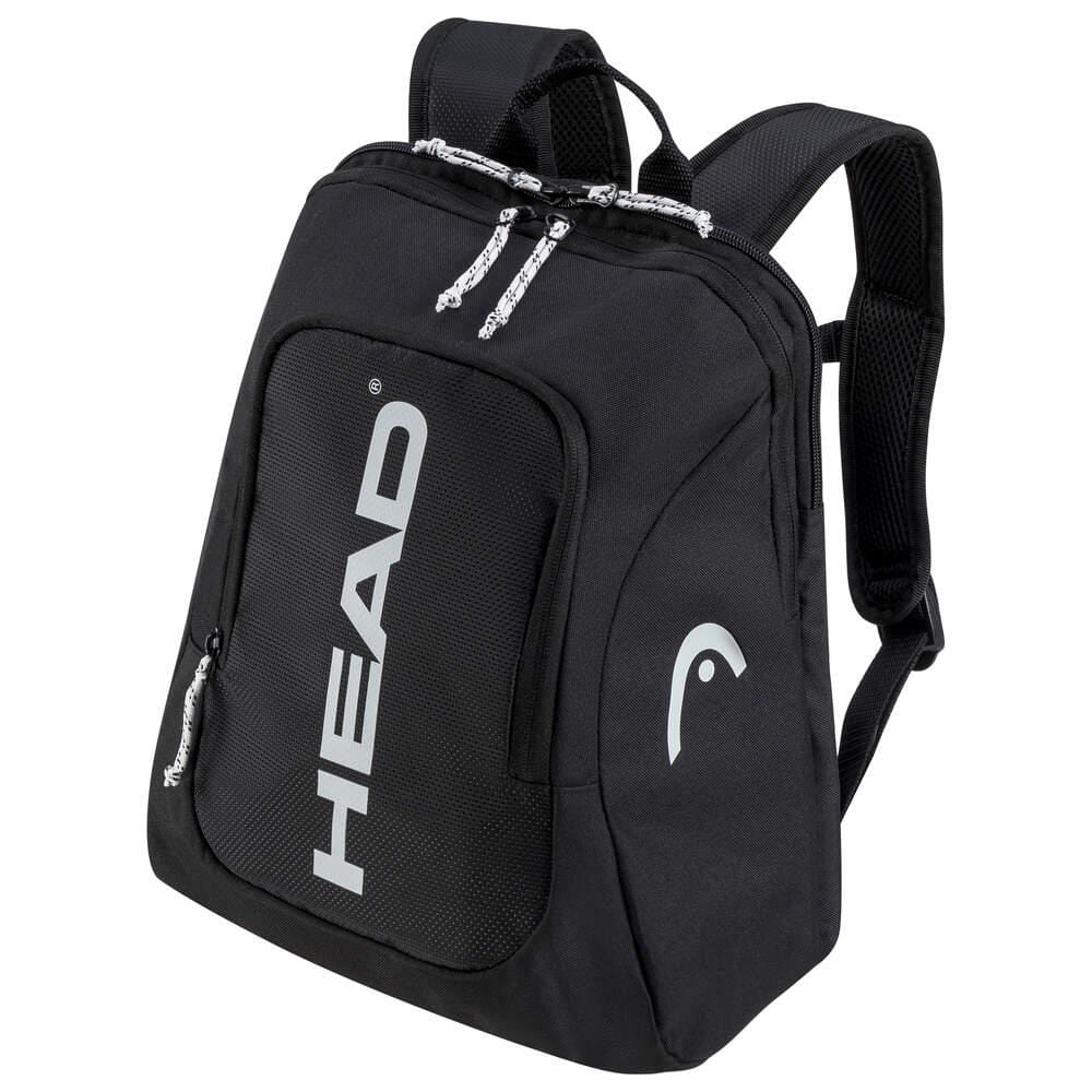 Introducing the HEAD Kids Tour Badminton Backpack in black and white, featuring multiple compartments, a dedicated racket section, zipper pulls, and padded shoulder straps. With bold "HEAD" branding on the front and reflective logos for enhanced visibility, this sleek backpack is ideal for young badminton enthusiasts.