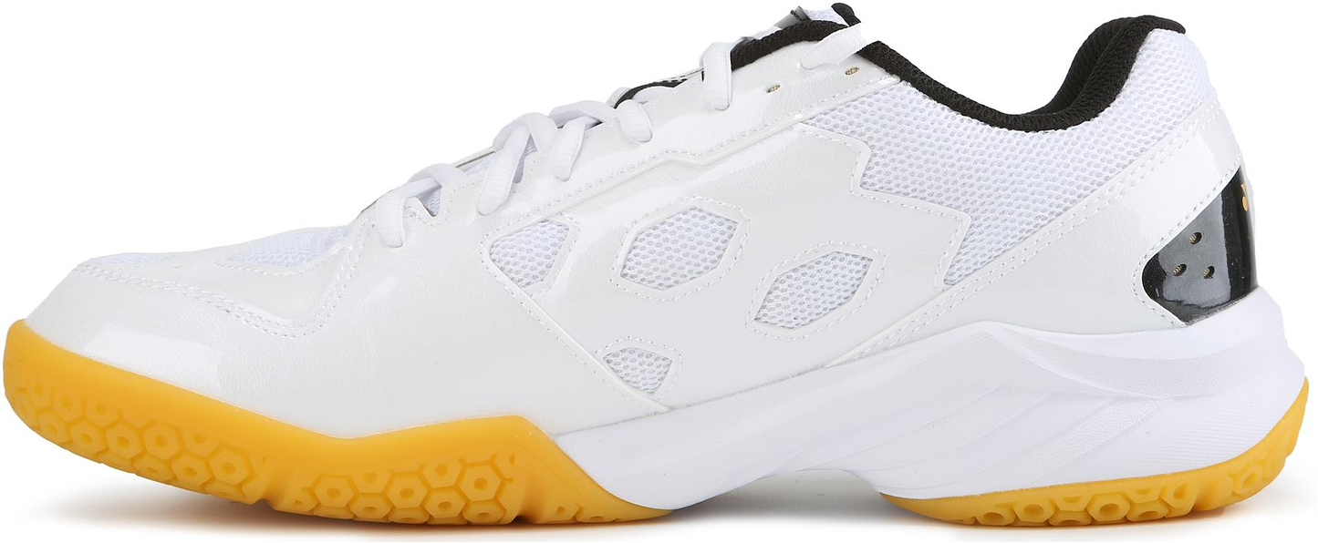 The Yonex Power Cushion SHB 101 Badminton Shoes in White/Gold feature shock-absorbing Power Cushion tech, a rubber yellow sole, black inner lining, and a mesh/synthetic upper. Brand: Yonex. Shown in side view.