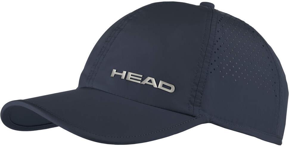 The HEAD Pro Player Badminton Cap - Navy is a lightweight sports cap with side ventilation holes, UV protection, and "HEAD" in silver on the front—ideal for badminton players.
