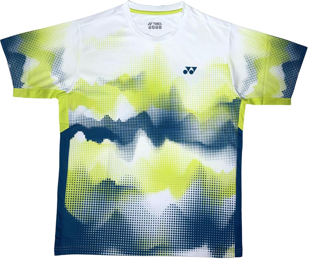 The Yonex YTM2025A Men's Badminton T-Shirt in white features short sleeves, a pixelated pattern in lime green, navy blue, and black, moisture-wicking fabric, and a small Yonex logo on the chest.