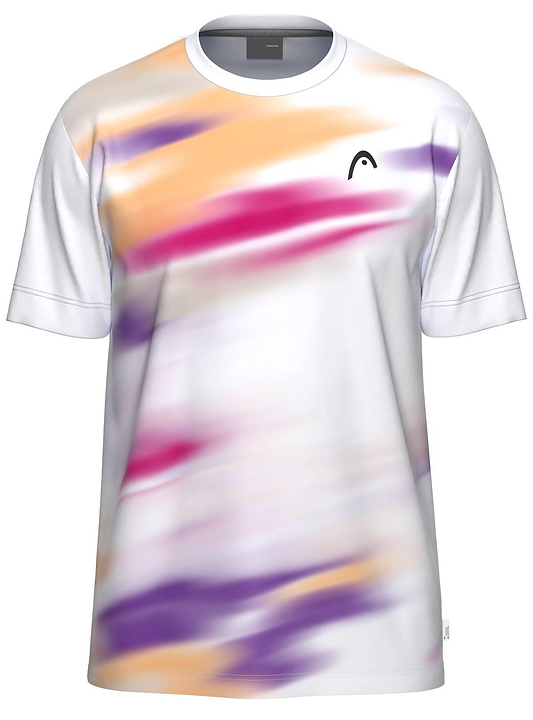 The HEAD Blur Mens Badminton T-Shirt - PUXU by HEAD features blurred purple, orange, and pink streaks on a white base and a small black logo on the left chest. This breathable shirt offers comfort and style for active play.