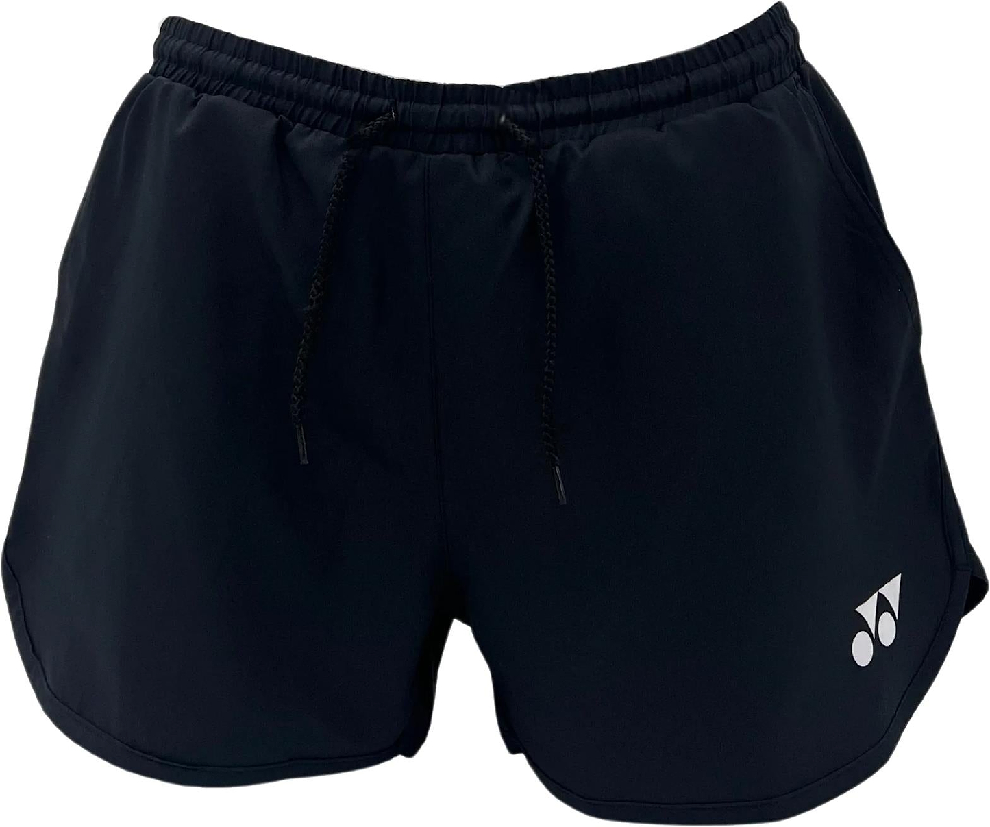 The Yonex YST2024 Womens Badminton Shorts in black feature a drawstring waistband, small white Yonex logo on the lower left leg, loose fit, and quick-drying breathable sports fabric. Brand: Yonex. Displayed against a white background.