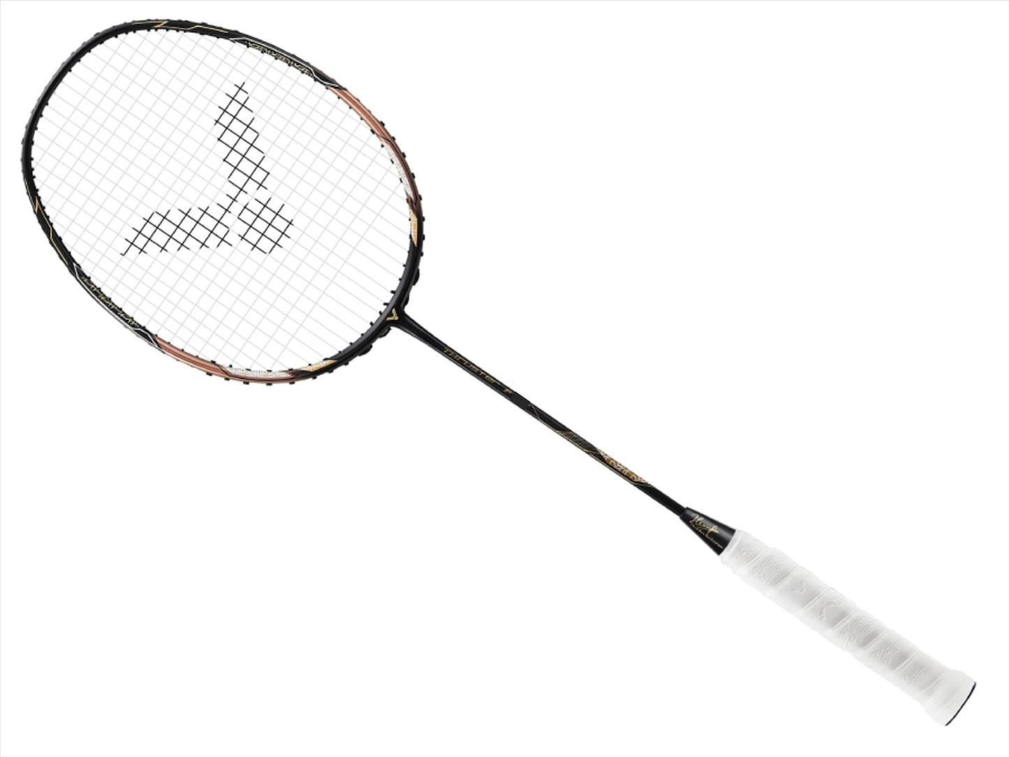 The Victor Thruster FC Hendra Setiawan LTD Edition 3U Badminton Racket in Black and Gold, featuring a black frame, white grip, and Hendra Setiawan's signature on the stringing, is an advanced-level racket. It is positioned diagonally against a plain white background to highlight its intricate logo and sleek design.