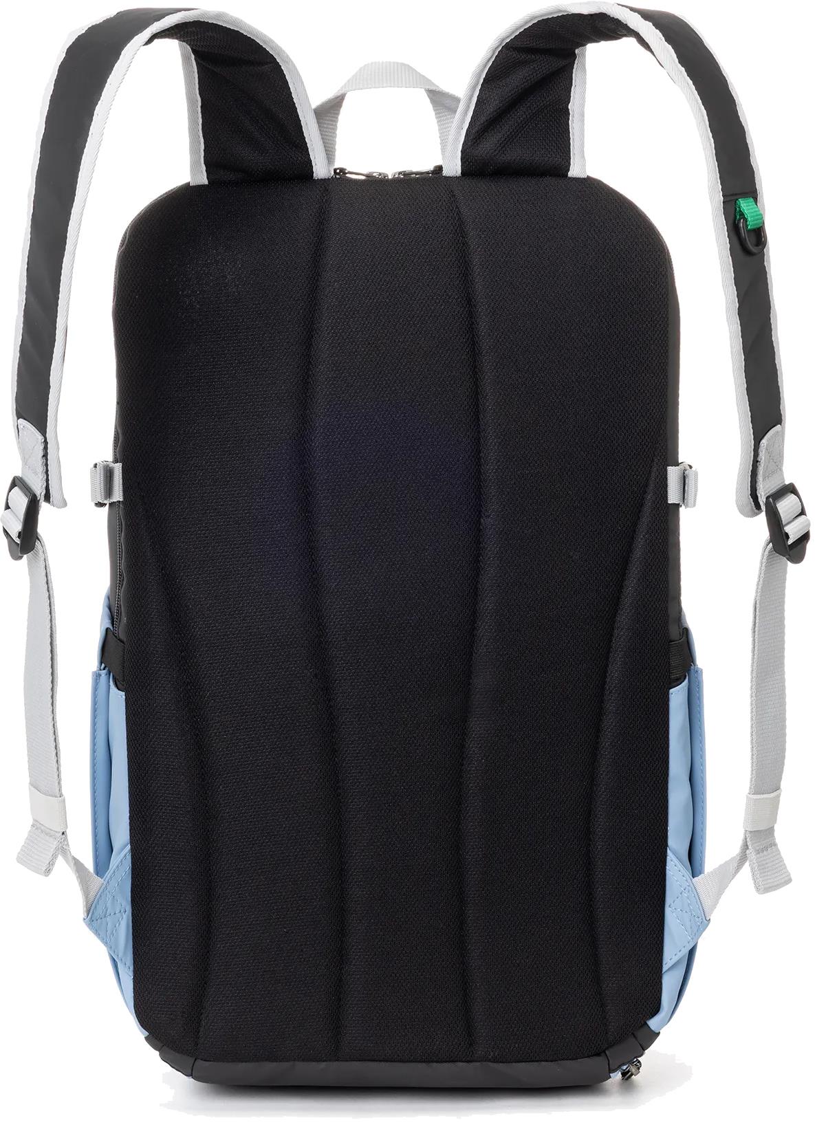 The Yonex BA52512EX Club Badminton Backpack in black and blue features padded shoulder straps, a black padded back panel, and white webbing adjustment straps—ideal for carrying your badminton gear in comfort.