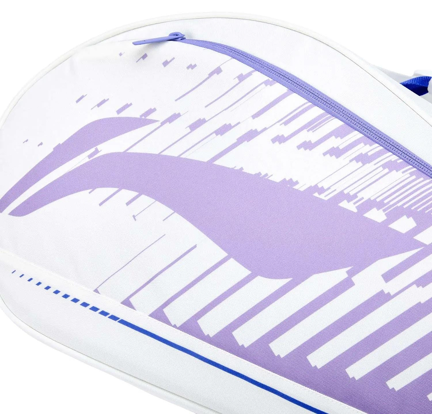 Close-up of the Li-Ning Training Series 3 Racket Badminton Bag in white and purple, featuring a curved purple design, diagonal lines, and a top purple zipper—ideal for stylishly carrying your racket.