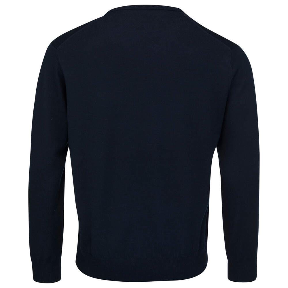 The HEAD Men's Pullover Jumper is a solid dark blue long-sleeve sweater crafted from merino wool, set against a white background. The image showcases the back of the jumper, emphasizing its stylish and comfortable design in a plain color.