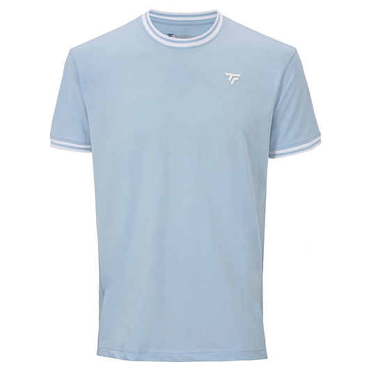 The Tecnifibre Team Stretch Men's Badminton T-Shirt in Glacier Blue features white trim on the collar and sleeves, a small white logo on the left chest, and is crafted from soft organic cotton for comfort and style.