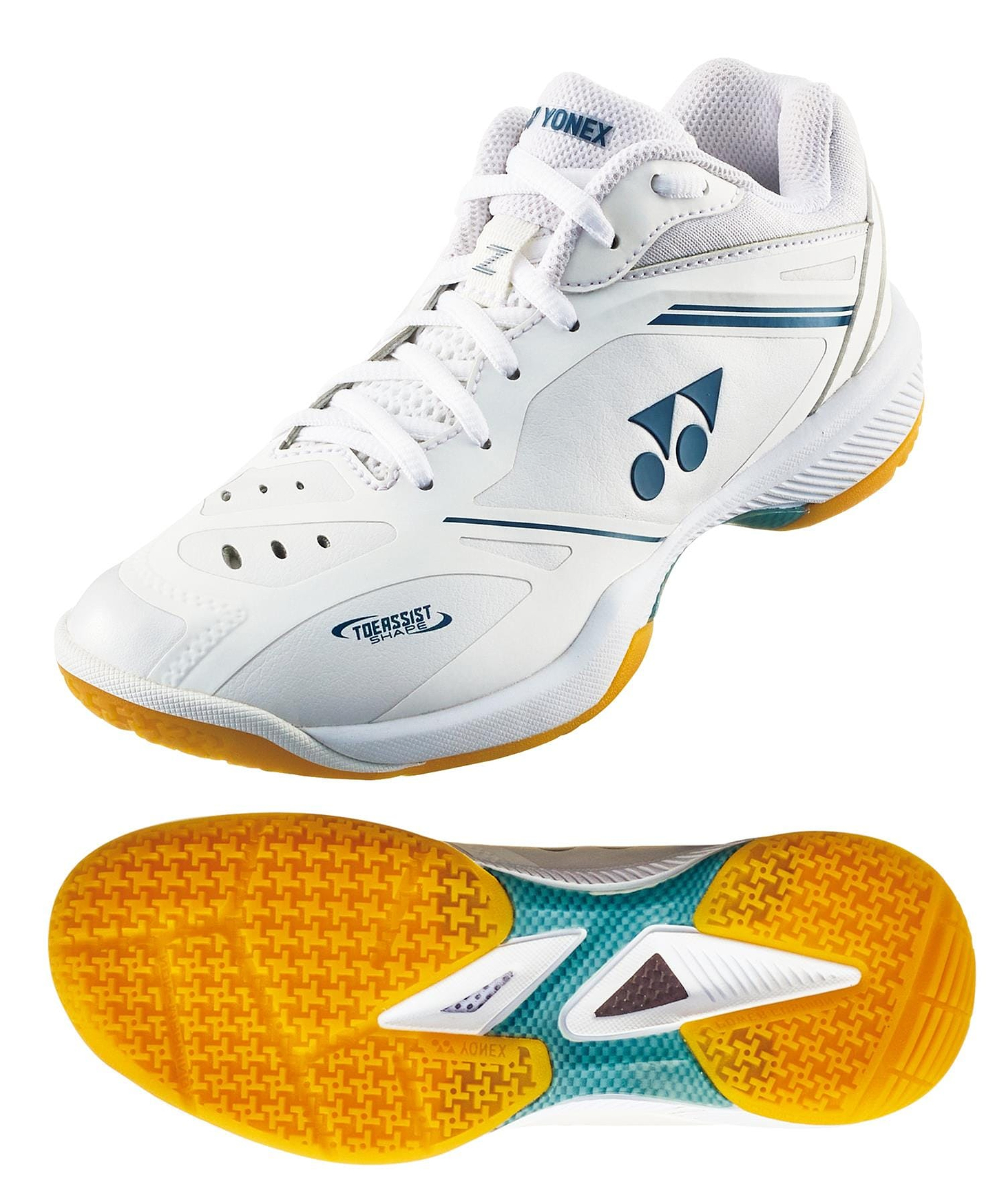 The Yonex Power Cushion 65Z4 Women’s Badminton Shoes in white feature blue and yellow accents, a patterned yellow-green sole for grip, and are ideal for advanced players. Shown from the side and bottom views.