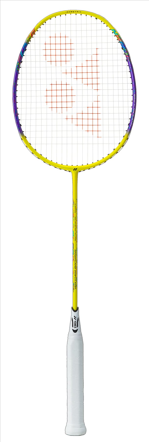 The Yonex Nanoflare 002 Clear 4U Badminton Racket - Yellow features ISOMETRIC™ technology, a white grip with colorful accents on its slim, sleek frame for performance, and a striking red logo on the string bed, making it an eye-catching choice on the court.