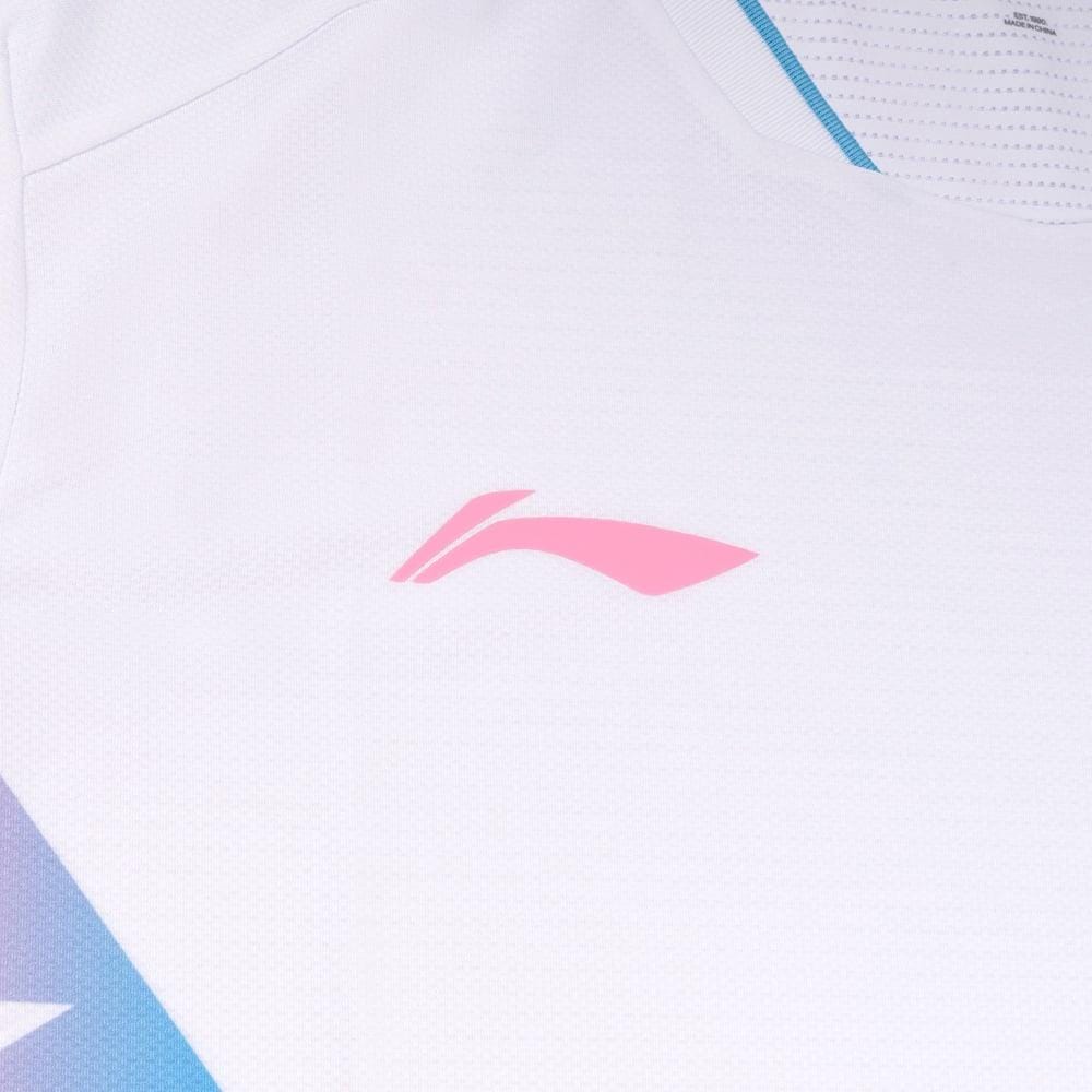 The Li-Ning Diamond Gradient Men's Badminton T-Shirt in white features a pink abstract logo on the chest, blue accents near the collar and sides, and a mesh-like texture for moisture-wicking performance and quick-dry properties.