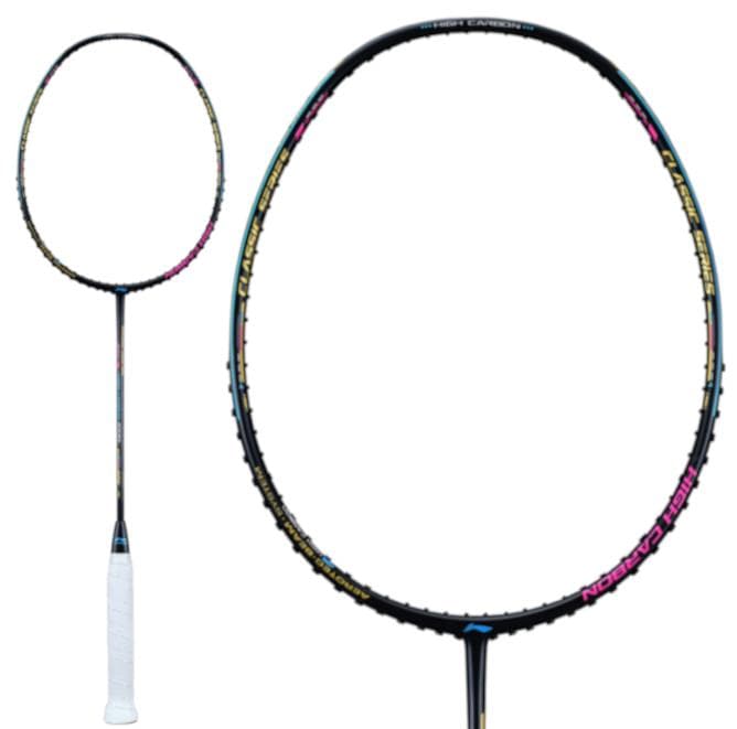 The Li-Ning Windstorm 79H 5U Badminton Racket in black features TB-Nano Technology and a white grip. The main image showcases a close-up of the head, with a smaller full view on the left against a plain background.