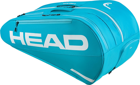 The HEAD Tour 9 Racket Badminton Bag L - Blue is a spacious bag with multiple zippered compartments and a white HEAD logo, designed for carrying badminton rackets and gear.